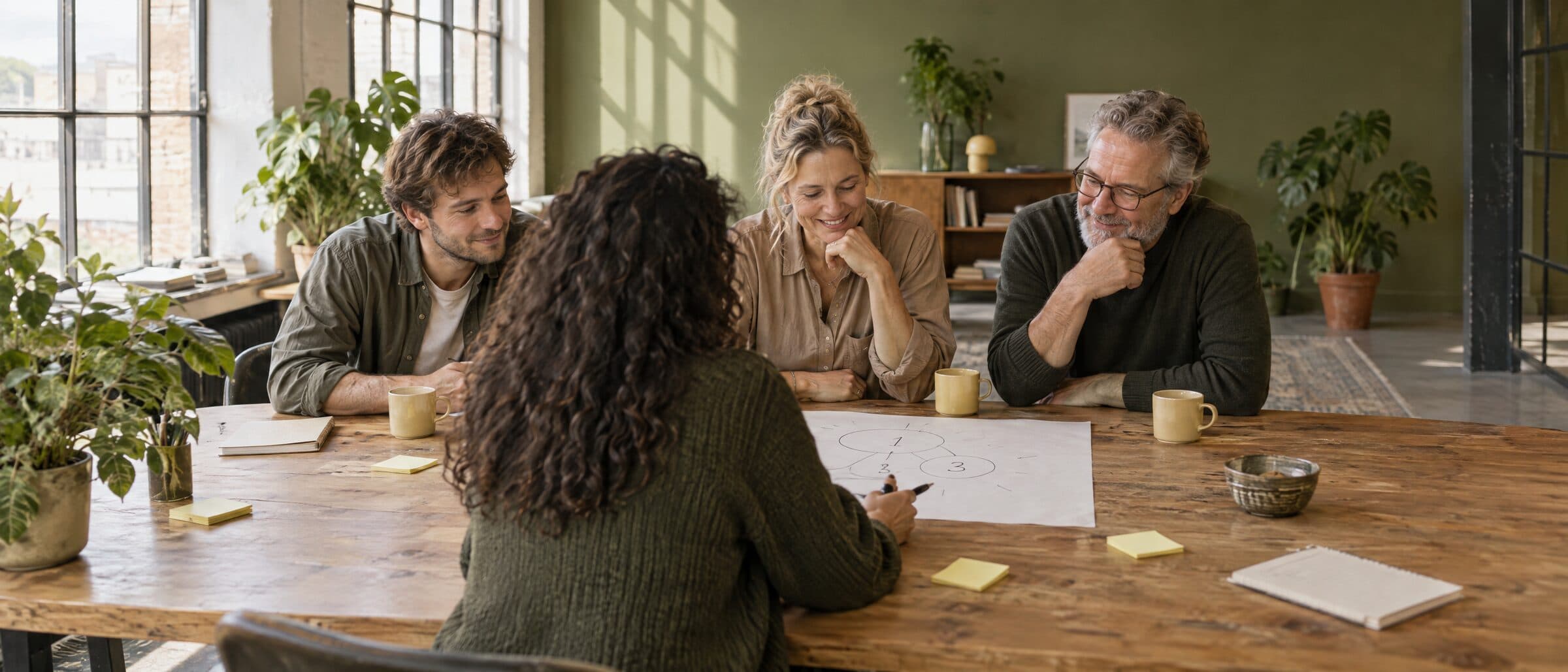 Een team aan een lange tafel bespreekt een plan met drie keuzes